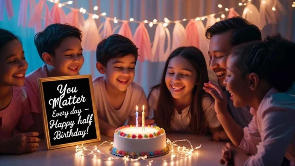 Kids and adults enjoying a fun and creative half birthday celebration with cake, balloons, and laughter."