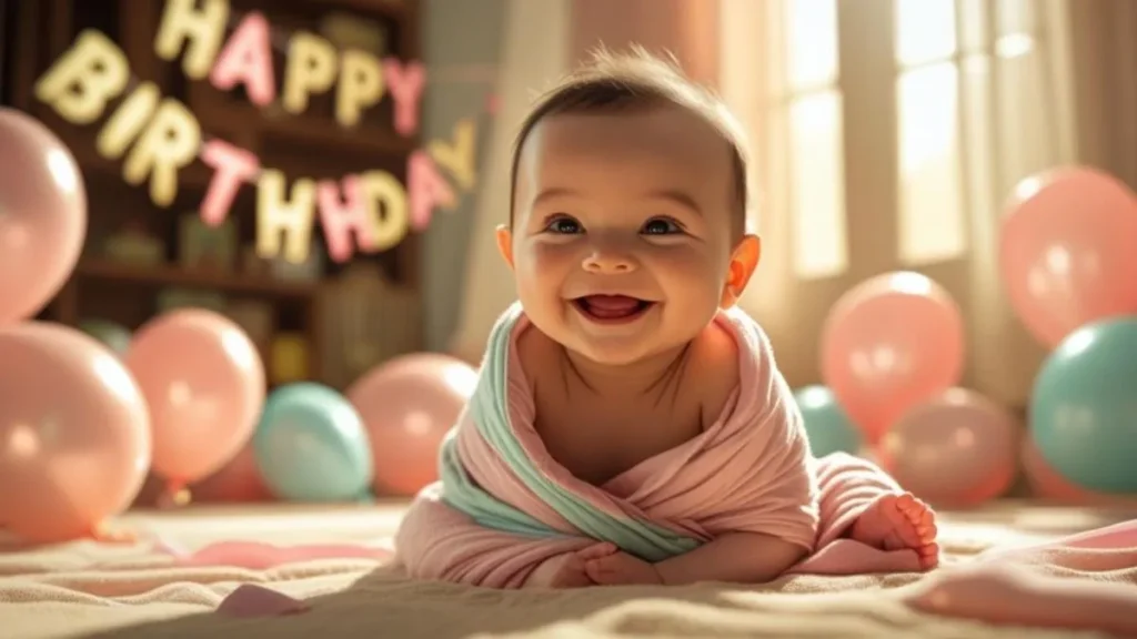 Happy child at half birthday party with balloons, cake, and decorations highlighting the joy of celebrating six-month milestones.