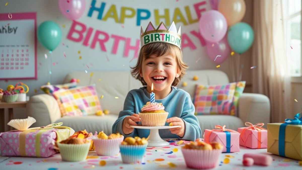 A happy child wearing a "½ Birthday" crown celebrates their half birthday with a cupcake, colorful balloons, confetti, and a festive banner in a bright, decorated living room.