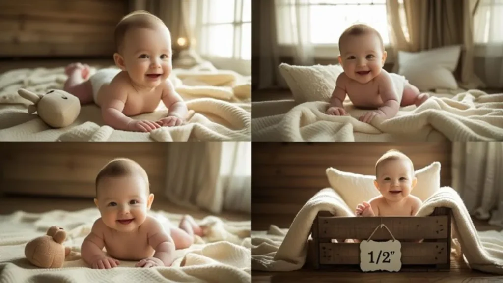 Cute 6-month baby poses for home photoshoots featuring cozy setups, wooden box baby pose, and creative half birthday picture ideas
