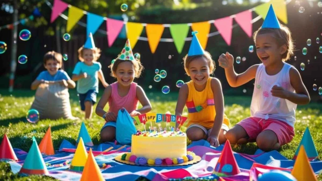 Kids enjoying a fun half birthday party with balloons, a “½” cake, party hats, and colorful decorations in a joyful, playful setting.