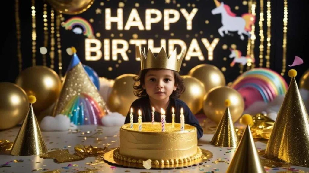 Stylish golden and themed half birthday party with “½” cake, gold balloons, matching decor, and fun elements like crowns and photo props