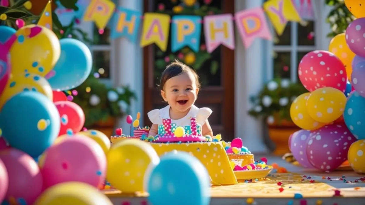 Half birthday party decorations with colorful balloons, ½ cake topper, fun DIY decor, and a festive celebration setup.