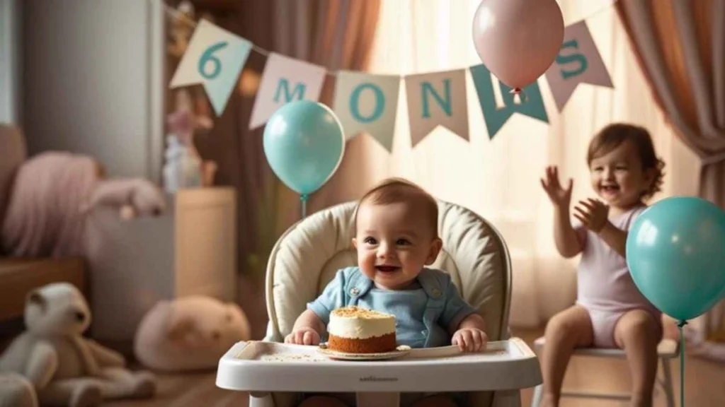 half birthday celebration for a baby or toddler with a “½” cake, soft toys, pastel balloons, and smiling parents in a cozy setting