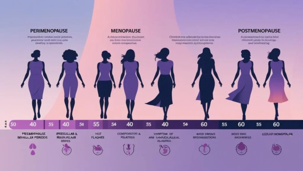 A visual timeline showing the menopausal transition from perimenopause to postmenopause with symptoms like hot flashes and irregular periods marked along the way