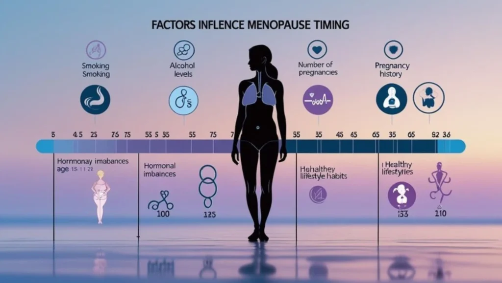 Infographic showing key factors like smoking, alcohol, pregnancy history, and stress that influence when menopause may begin in women.