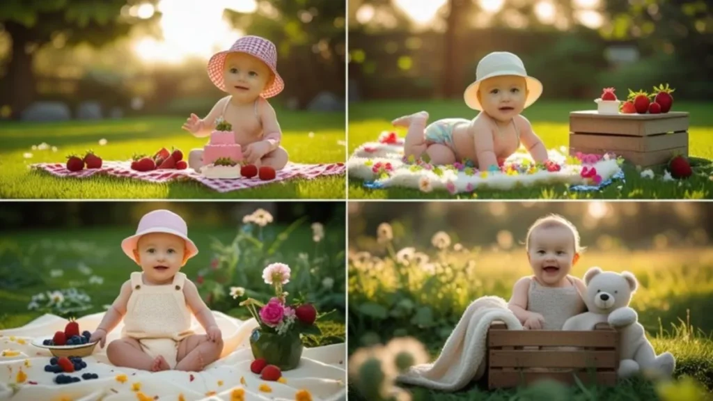 Outdoor half birthday photoshoot ideas with garden setups, wooden box baby pose, and colorful Flower decorations for six-month photo