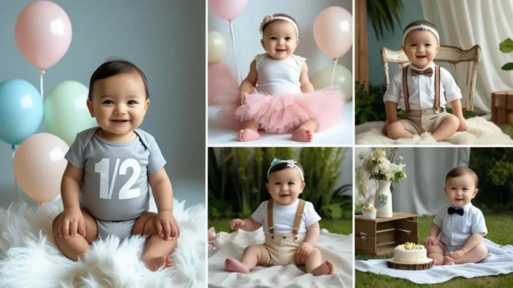 Outfit ideas for a half birthday photoshoot with cute baby outfits, creative themes, and cozy props for memorable 6-month baby photos