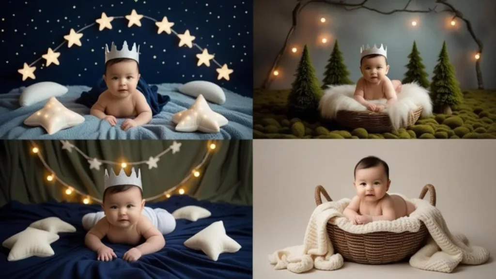 Studio photoshoot inspiration for 6-month birthdays with cozy baby photo background, cute props, and creative half birthday themes