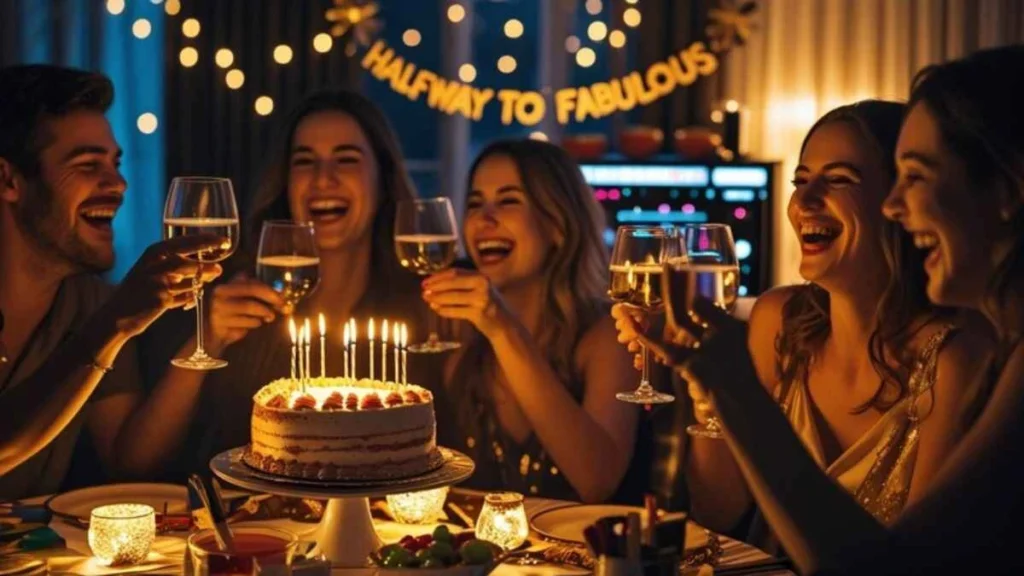 Adults celebrating a unique half birthday with elegant décor, wine glasses, a “½” cake, and laughter in a stylish, relaxed party atmosphere.