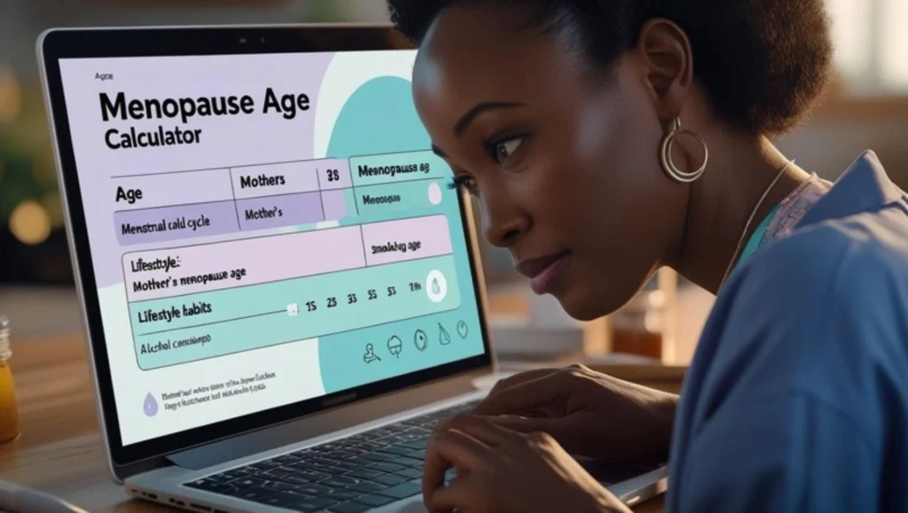 A woman using an online menopause age calculator on a laptop, filling in age, cycle status, and lifestyle details to estimate menopause timing.