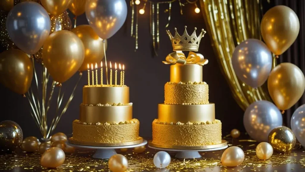 A golden birthday cake adorned with candles, surrounded by shimmering gold balloons.