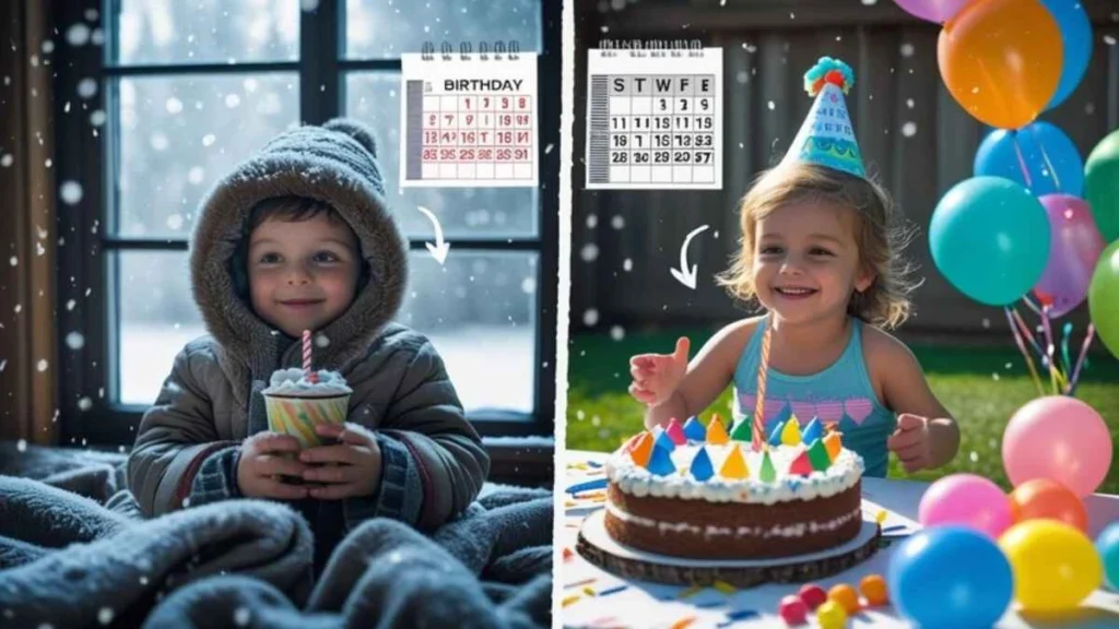 Child celebrating winter birthday indoors and summer half birthday outdoors with balloons and a “½” cake in a festive, joyful setting.