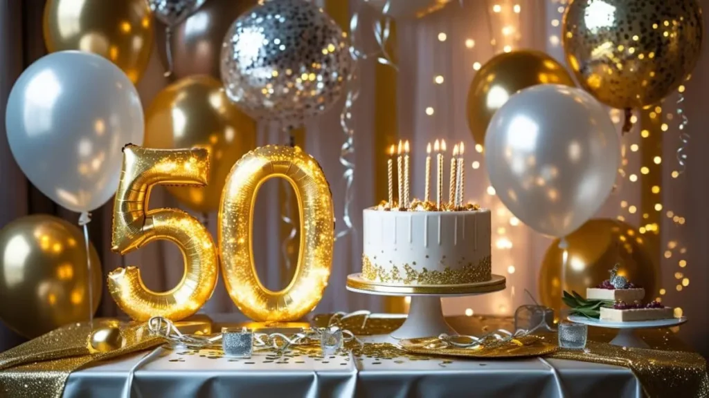 A golden birthday cake adorned with the number 50 on top, celebrating a milestone birthday.