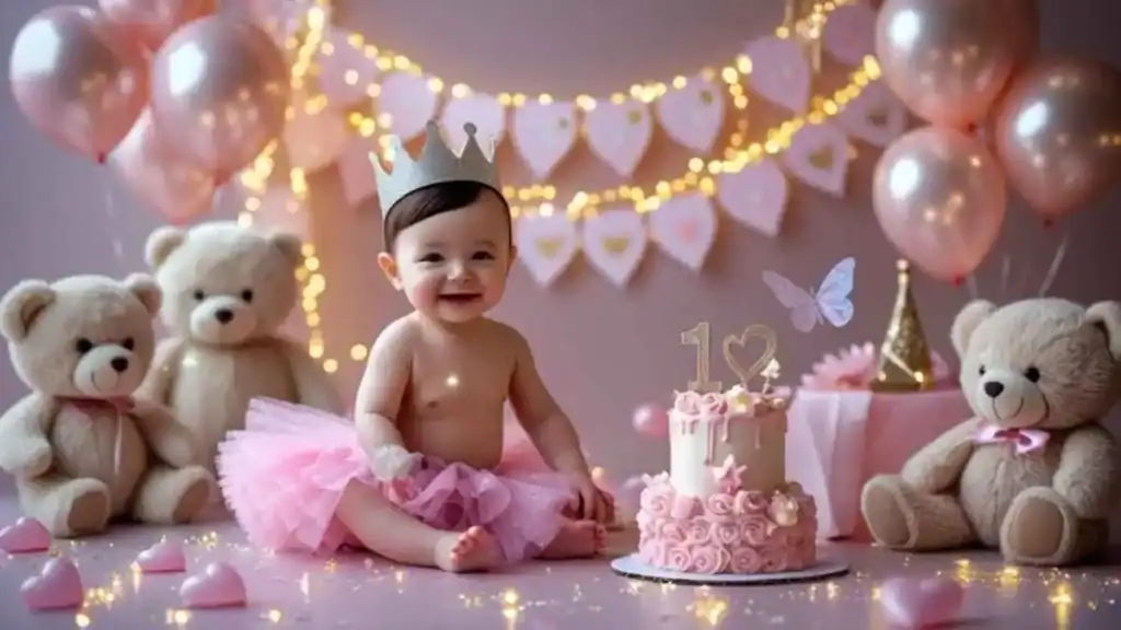 A baby girl in a tutu and tiara sits beside a cake and teddy bears, celebrating a joyful occasion.