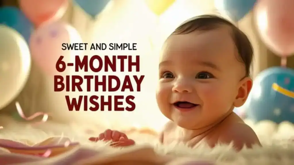 Smiling baby surrounded by balloons and decorations with sweet 6 month half birthday quotes and wishes for boys and girls in a card or caption format