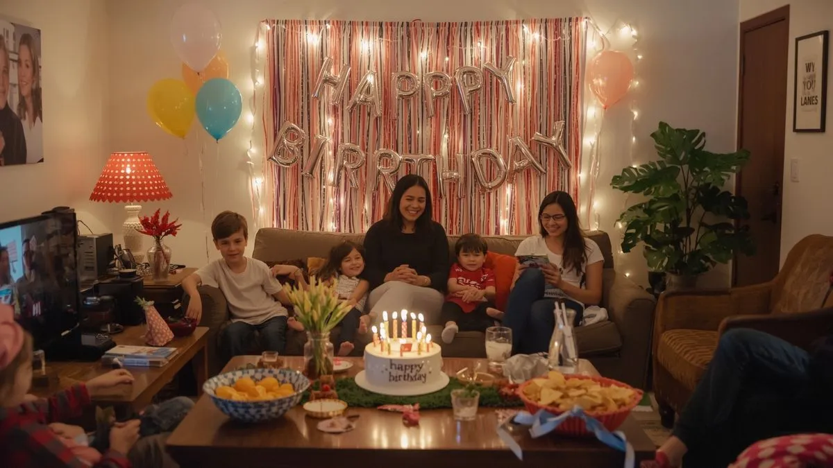 A family gathers around a table adorned with birthday candles and colorful balloons, celebrating a special occasion together