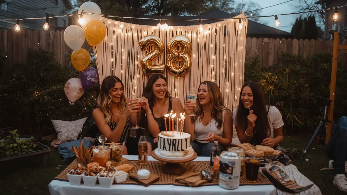 A group of people celebrating on a rooftop, gathered around a birthday cake with candles lit