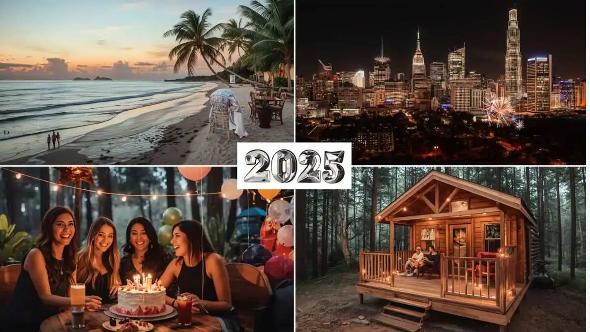 A collage showcasing popular birthday destinations across the United States, featuring vibrant landscapes and iconic landmarks.