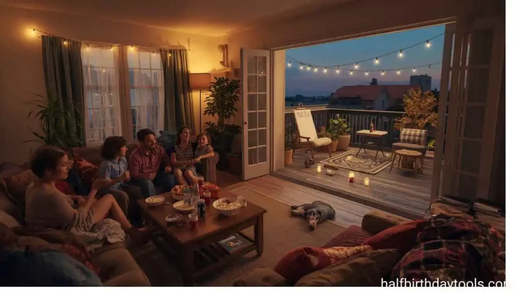 A group of people relaxes on couches in a cozy living room, engaged in conversation and enjoying each other's company.