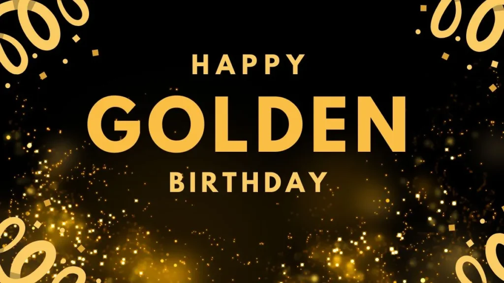 Colorful graphic featuring cheerful golden birthday wishes for friends, with balloons and confetti in a festive design.