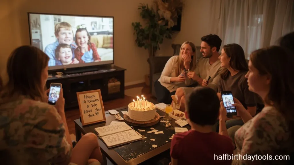 A family gathers around a table adorned with candles and a birthday cake, celebrating a special occasion together