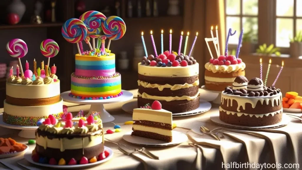 . A table displaying an assortment of various cakes, showcasing different flavors and decorations.