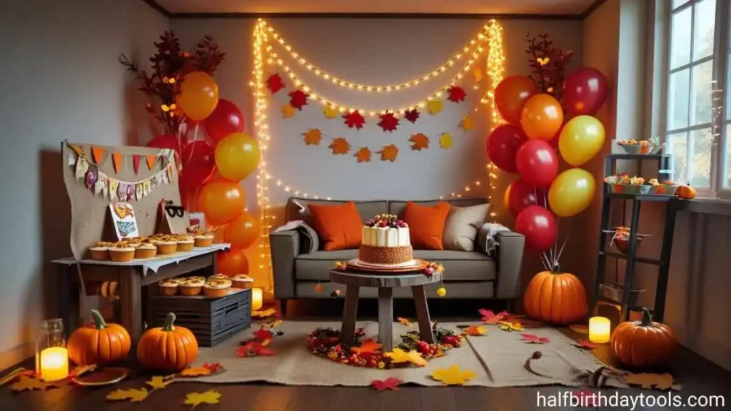 A cozy room adorned with autumn decorations for a festive fall birthday celebration, featuring pumpkins and colorful leaves