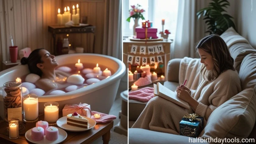 A woman relaxes in a bathtub surrounded by candles, reading a book, creating a serene and cozy atmosphere.
