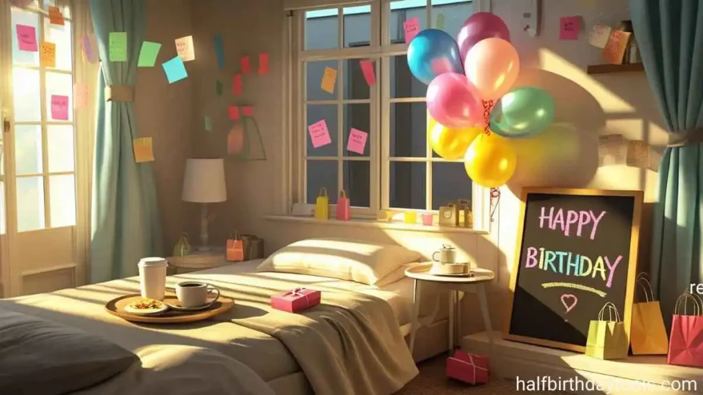 A festive bedroom decorated with colorful balloons and a cheerful birthday sign hanging on the wall.