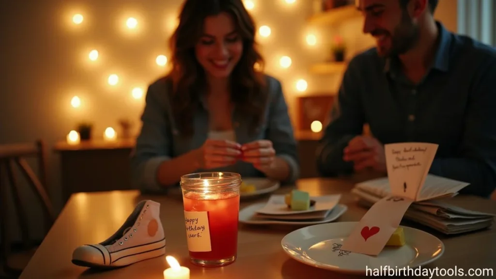 A man and woman enjoy a romantic dinner at a candlelit table with a jar of red wine between them.