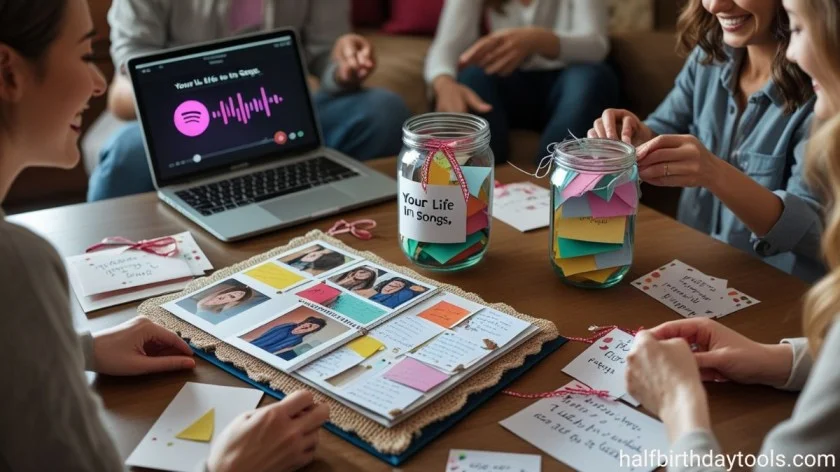 A group of diverse individuals gathered around a table, engaging with a jar filled with colorful sticky notes.