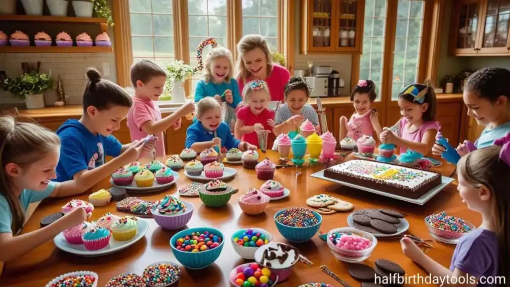 A group of children joyfully sitting around a table decorated with colorful cupcakes.