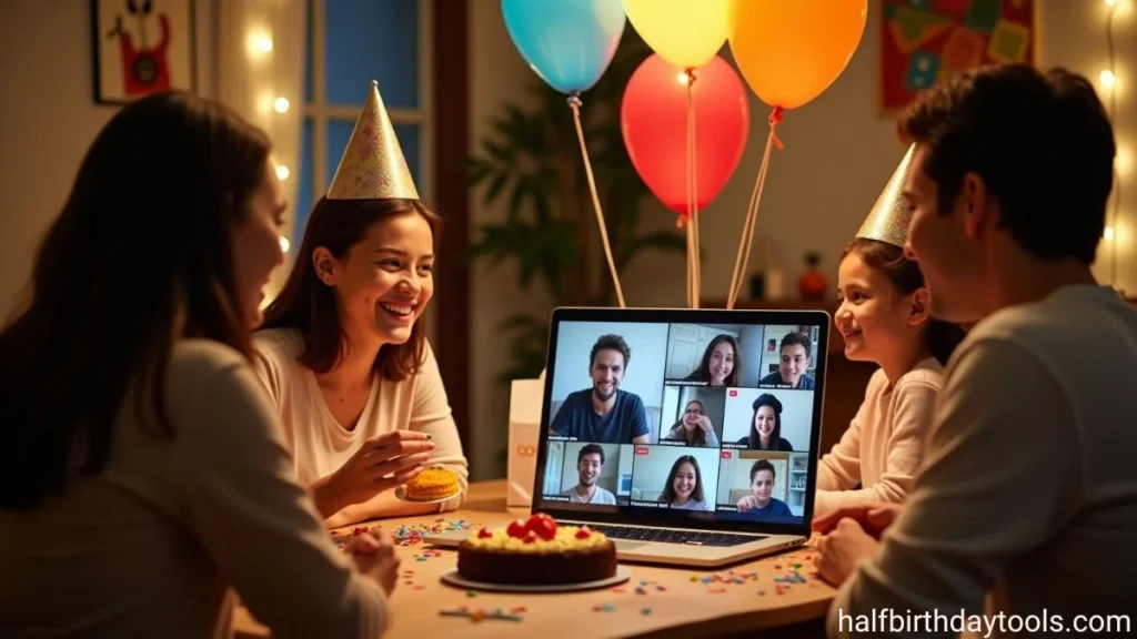 . A group of people celebrating a birthday, gathered around a laptop with balloons and a cake on the table.