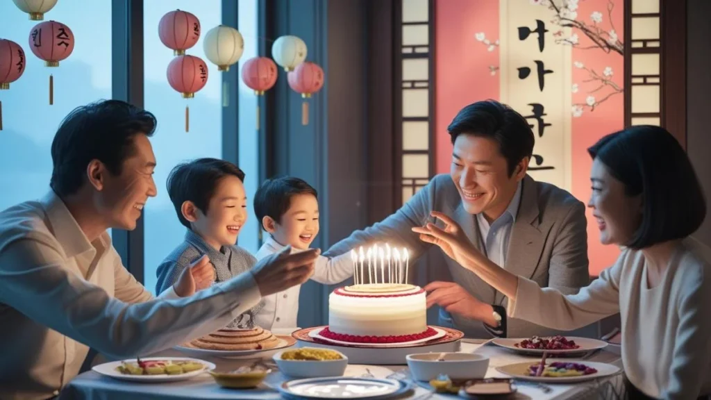 A happy family celebrating their Birthdays , smiling together around a colorful cake adorned with traditional decorations.