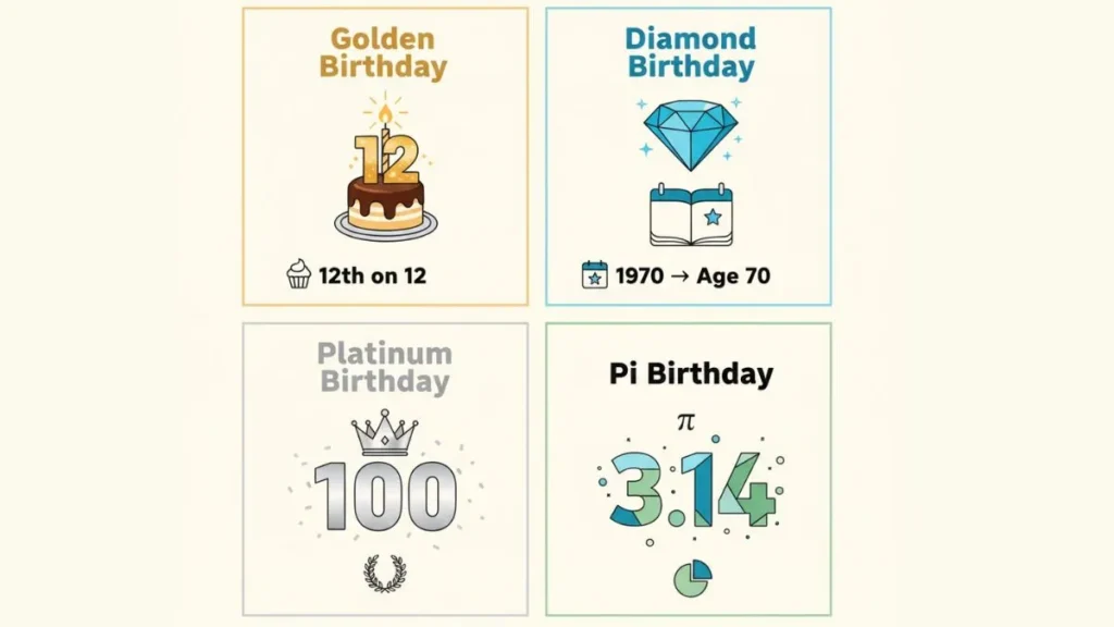 A sleek infographic with a light pastel background, divided into four clear sections, each explaining a milestone birthday with icons and short labels.