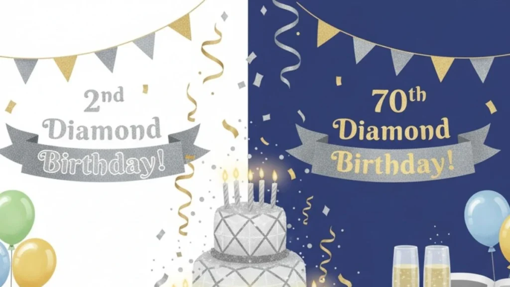 Two colorful birthday cakes surrounded by balloons and festive bunting, creating a cheerful celebration atmosphere.
