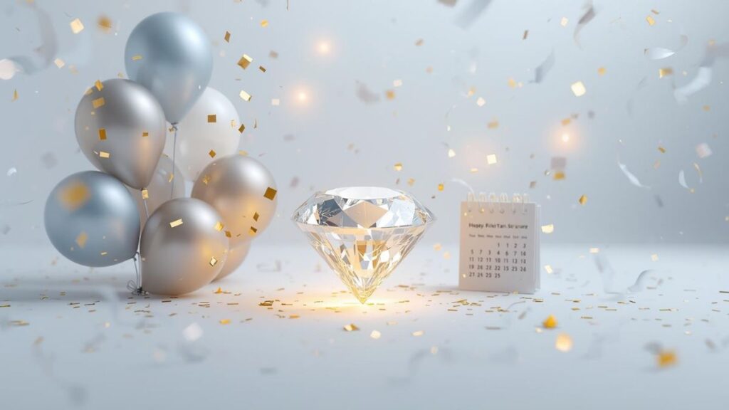 A sparkling diamond surrounded by colorful balloons and confetti on a white background, symbolizing a festive celebration and answering the question βWhat is a Diamond Birthday?