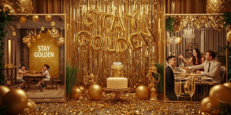 golden birthday party scene showing kids’ gold coin hunt, teens’ photo booth, and adults’ gold cocktail setup — elegant ‘Stay Golden’ theme celebration