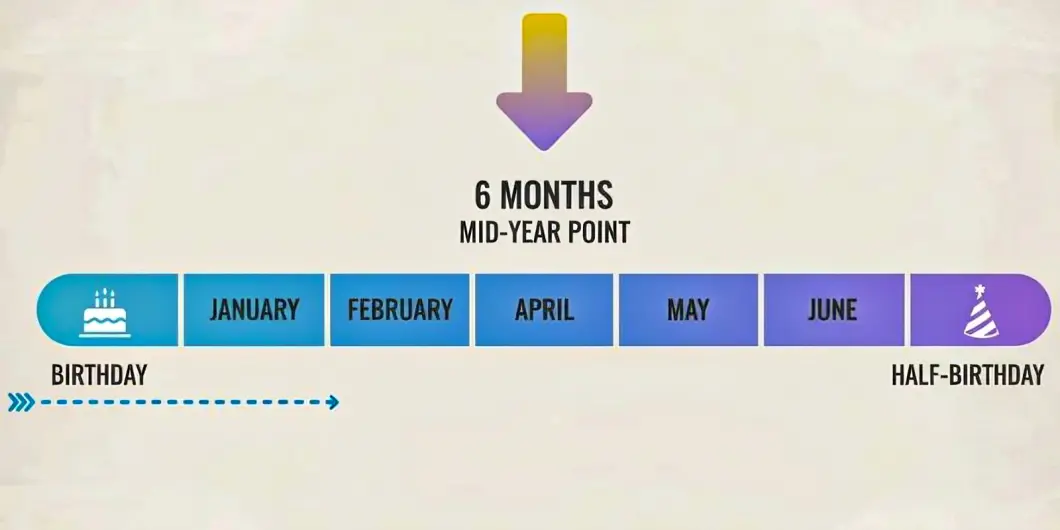 Infographic timeline showing six months counted from birthday to half birthday