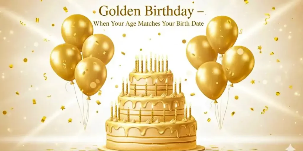 Illustration of a golden birthday showing a golden cake, gold balloons, and confetti, symbolizing when your age matches your birth date